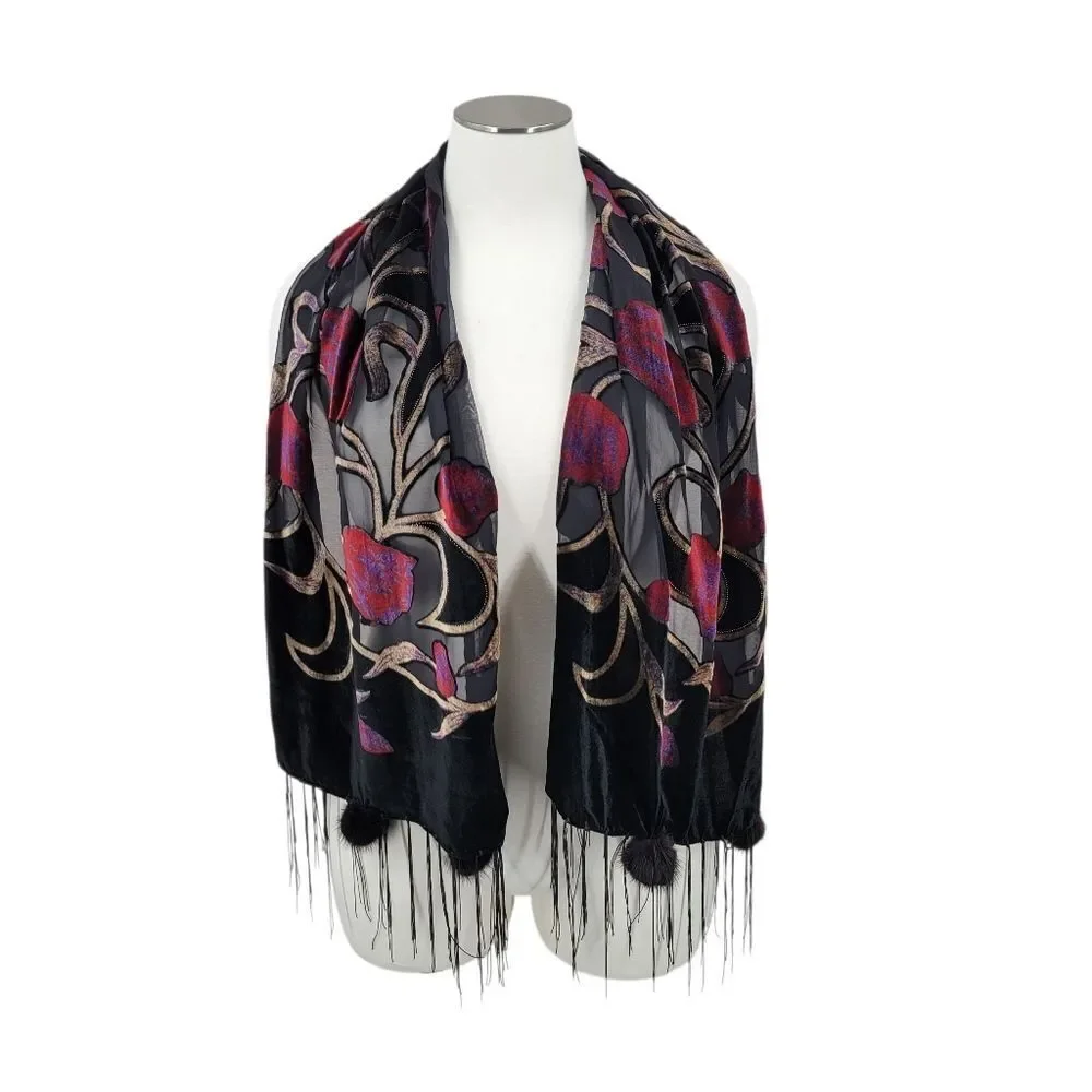 Burnout Velvet Black and Red Floral Scarf with Genuine Fur Pompoms